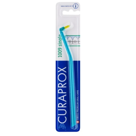 Монопучкова щітка Curaprox SINGLE & SULCULAR CS 1009 (щітка блакитна/щетина салатова), 9 мм