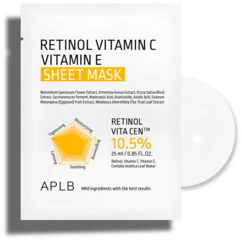Тканинна маска з ретинолом та вітаміном C APLB Retinol Vitamin C Vitamin E Sheet Mask, 25 мл