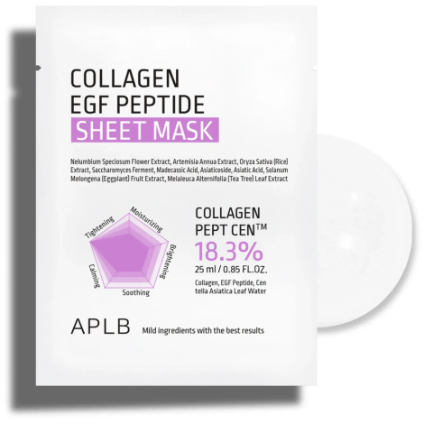 Тканинна маска з колагеном, EGF та пептидами APLB Collagen EGF Peptide Sheet Mask, 25 мл